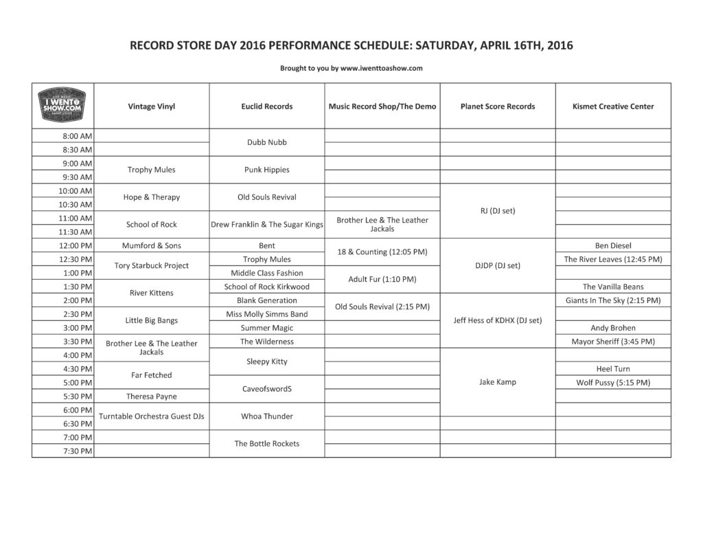 Record Store Day 2016 Performance Schedule